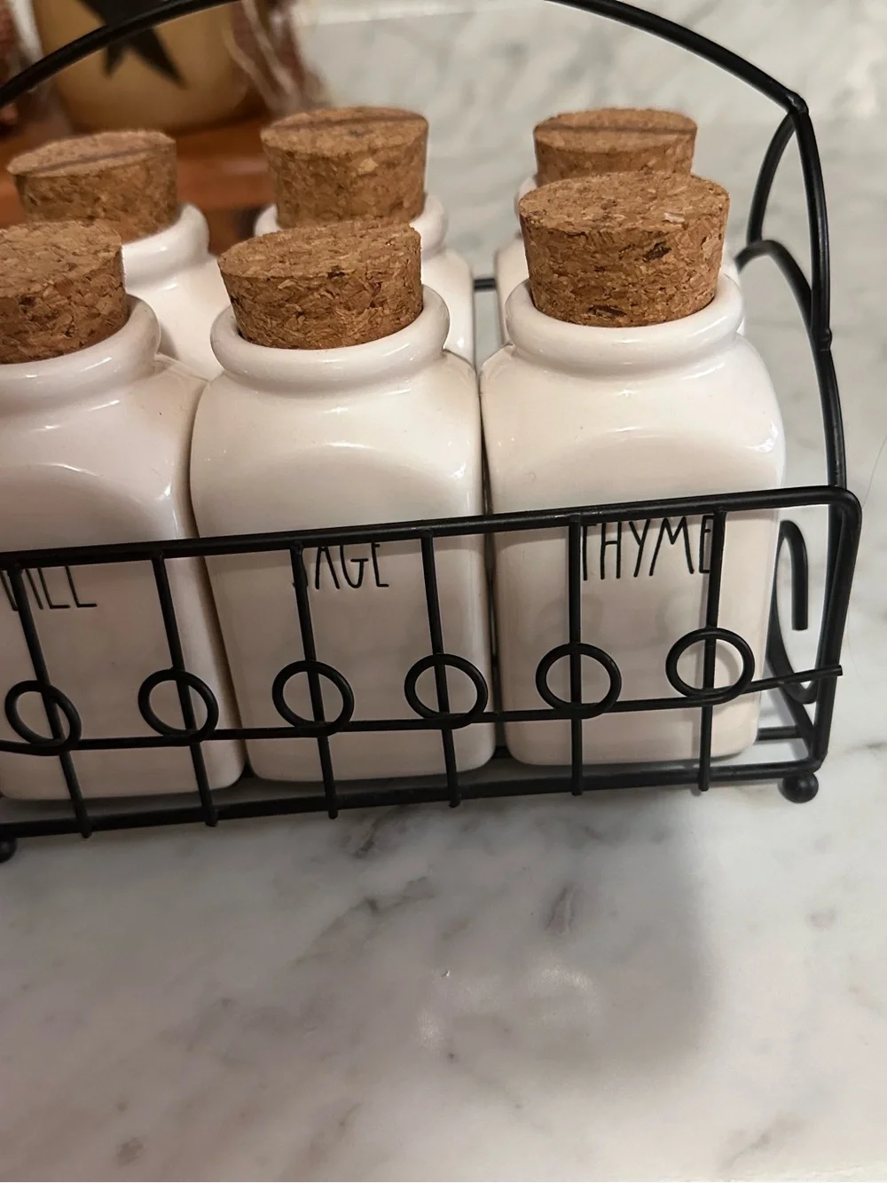Rae Dunn White Ceramic Spice Jar Set with Cork Lids and Black Wire Rack